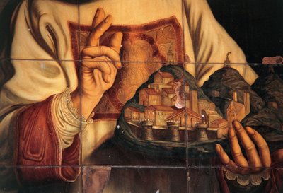 San Marino a város megáldása közben, amelyet a kezében tart, olaj, vászon, Giovanni Francesco Barbieri, Guercino (1591-1666), Kongresszusi és Audience Hall, Kongresszusi Palota, San Marino, San Marino Köztársaság alkotó: Guercino