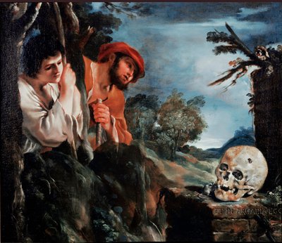 Az Arcadia Men pásztorai a görögországi Peloponnészosz szigetének sírja körül. Giovanni Francesco Barbieri festménye (Vanita), Guerchin dit Il Guercino (1591-1666) 1618 Róma környékén, Galleria Corsini alkotó: Guercino