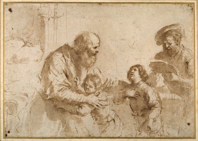 Két fiút egy szakállas vén vigasztal, míg egy másik szakállas, középkorú férfi könyvet olvas (toll és tinta krétán, mosás papíron) alkotó: Guercino
