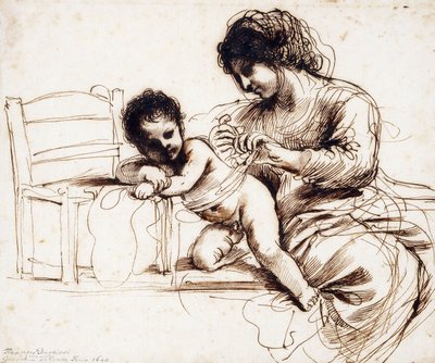 Anya és gyermeke egy szék mellett, alkotó: Guercino