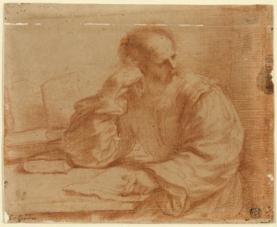 Szakállas férfi ül az asztalnál alkotó: Guercino
