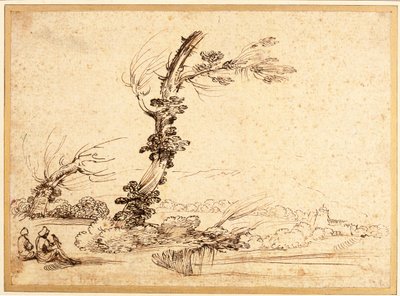 Táj solymászokkal egy fa mellett alkotó: Guercino