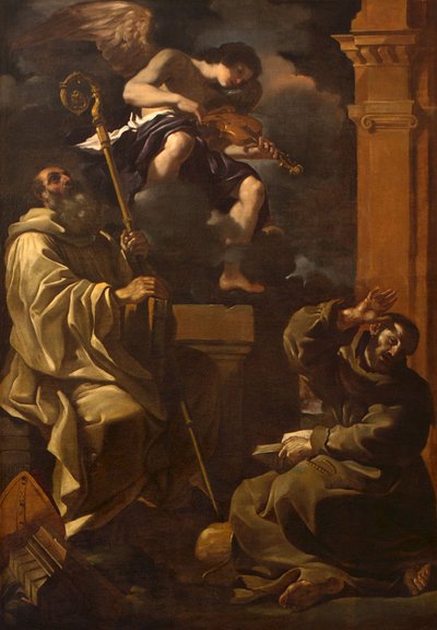 Szent Benedek és Szent Ferenc zenész angyalt hallgat. alkotó: Guercino