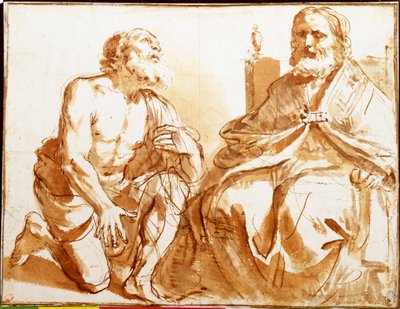 Ülő püspök és térdelő szent alkotó: Guercino