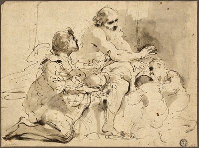 Tanulmány Jákob számára József fiainak megáldása (recto); Vázlatok: Szent Kristóf; Két figura a pénzről szóló beszélgetésben (fordítva) alkotó: Guercino
