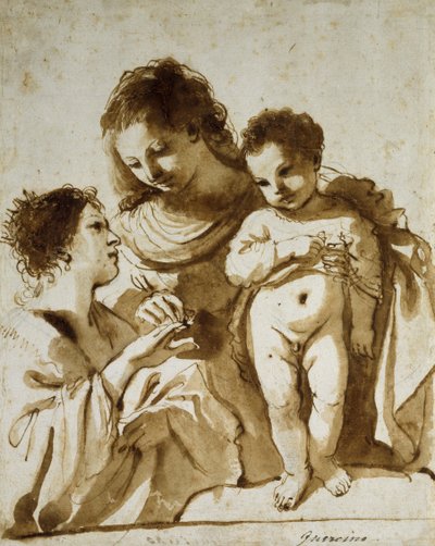 Szent Katalin misztikus házassága, 1618-1919 (toll és barna tinta, barna festéssel, fekete krétával fehér papíron) alkotó: Guercino