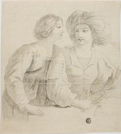 Két fiatal nő, egy turbánt viselő, beszélgetés közben alkotó: Guercino