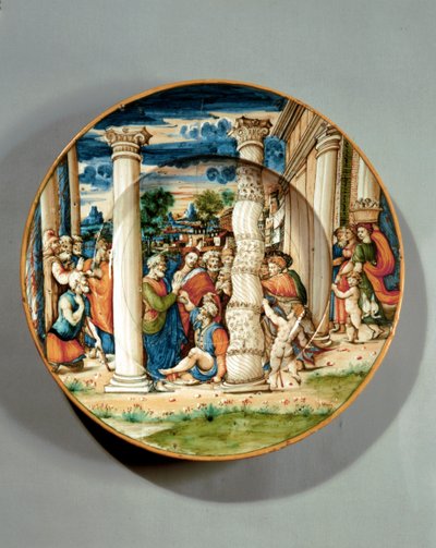 Szent Pétert és Szent Jánost ábrázoló tál, amint a templomban meggyógyítják a bénát, 1540-50 körül (maiolika) alkotó: Guido Di (workshop of) Merlino