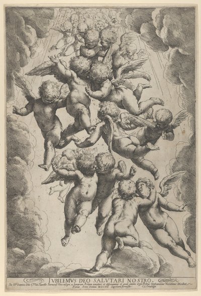 Repülés közben ölelkező angyalcsoport, amelyet felhők kereteznek, kb. 1607., kb. 1607. alkotó: Guido Reni