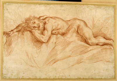 Egy rémült meztelen férfi sziklás talajon (piros kréta a papíron) alkotó: Guido Reni