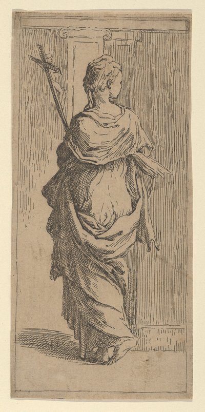 Feszületet hordozó, pilaszter felé lépkedő lány hátulról nézve kb. 1590-1600. alkotó: Guido Reni