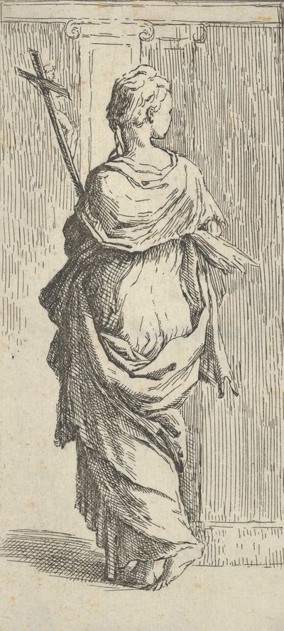 Feszületet hordozó, pilaszter felé lépkedő lány hátulról nézve kb. 15..., kb. 1590-1600. alkotó: Guido Reni