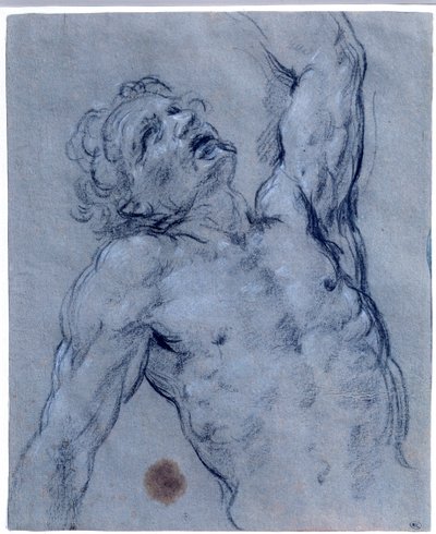 Meztelen férfi félalakja, hátrafordul, úgy tesz, mintha szenvedne. Guido Reni Fekete kő rajza, Az útmutató (1573-1642) címmel. V 0,26x0,21 m Párizs, Louvre Múzeum alkotó: Guido Reni