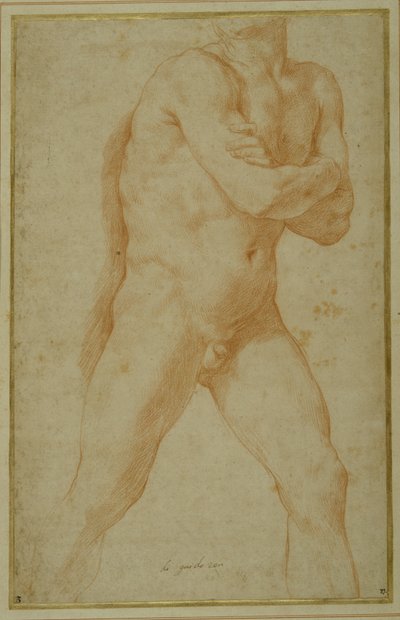 Meztelen férfi előrelép, karba tett kézzel, és a jobb váll fölött néz (piros kréta krémpapíron) alkotó: Guido Reni