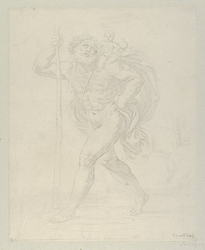 Szent Kristóf a csecsemő Krisztussal a bal vállán sétál, ellenpro..., kb. 1600-1640. alkotó: Guido Reni