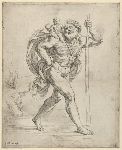 Szent Kristóf a csecsemő Krisztussal a jobb vállán sétál, kb. 1600-1640. alkotó: Guido Reni