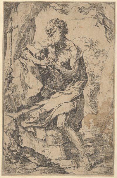 Szent Jeromos egy sziklán térdel a kereszt előtt és egy nyitott könyv balra néz,..., kb. 1600-1640. alkotó: Guido Reni