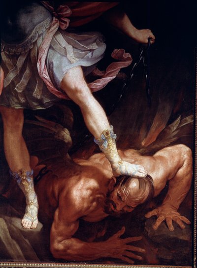 Szent Mihály összetöri a démon fejét. Részlet a szandálcipőről (Selyemfestés alkotó: Guido Reni