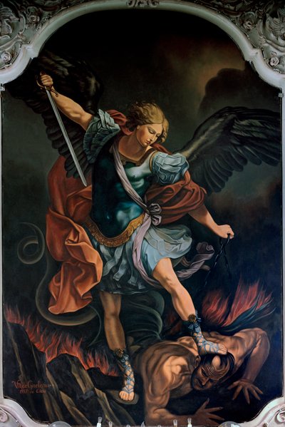 V. M. De Girolamo (XX. század) festménye: Szent Mihály arkangyal terrassírozza a sárkányt Guido Reni nyomán. 1957 alkotó: Guido Reni