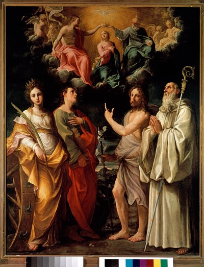 A Szűz megkoronázása négy szenttel (Alexandriai Katalin, János evangélista, Keresztelő János és Bernard) - Szűz Mária a Szentháromsággal (Jézus Krisztus, Isten és a Szentlélek galambja (Szentlélek) együtt jelenik meg a mennyben) (Koronát alkotó: Guido Reni