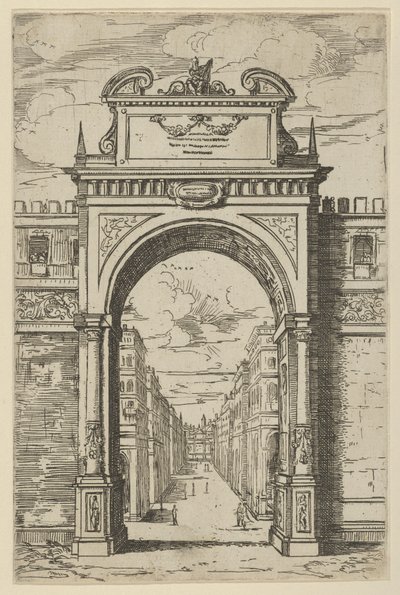 Diadalív, amelyet Mózes szobra felülmúl, épületek a boltíven keresztül lent, egy t..., 1598. alkotó: Guido Reni