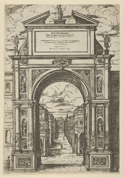 Diadalív, amelyet Bologna városát ábrázoló szobor, épületek láthatók, 1598. alkotó: Guido Reni