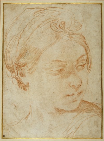 Fiatal nő feje, a bal válla fölött átnézve (vörös kréta fehér papíron) alkotó: Guido Reni