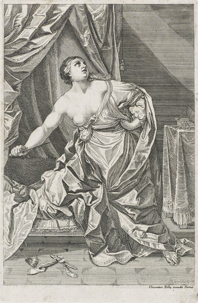 Lucretia halála, Kr. e. 1700-50 esetleg Antonio Billy (aktív 18. század első fele) (rézkarc papírra) alkotó: Guido after Reni