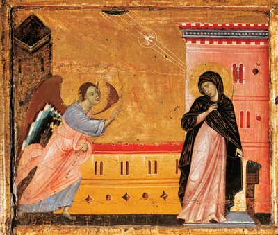 Angyali üdvözlet, részlet a Guido da Siena által trónoló Szent Péter Antependiumból (kb. 1250-1300), tempera és arany fán alkotó: Guido da Siena