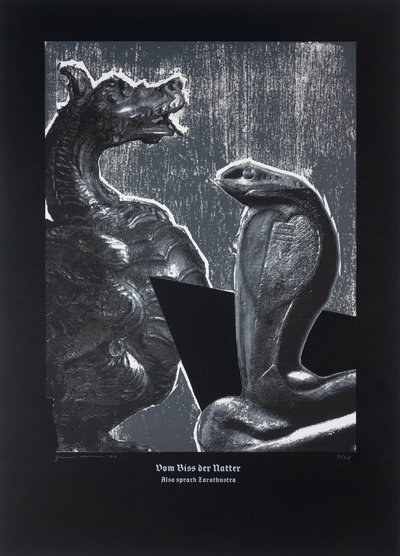 A Vipera harapásán, Így szólt Zarathustra, 2024 (fametszet és szitanyomat) alkotó: Guilherme Pontes
