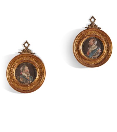 Henrik királyt (1553-1610) és Maximilian Bethune-t, Sully hercegét (1559-1641) ábrázoló medalionpár (polikróm vakolat aranyozott fa keretben) alkotó: Guillaume (after) Dupre