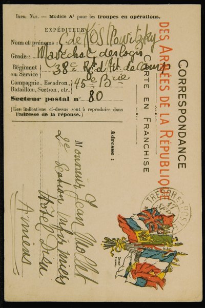 Jean Mollet autográf képeslap, 1915. szeptember 16-án alkotó: Guillaume Apollinaire