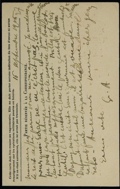 Jean Mollet autográf képeslap, 1915. szeptember 16-án alkotó: Guillaume Apollinaire