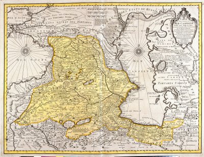 A Kaszpi-tenger szomszédos országainak térképe (Oroszország, Örményország, Perzsia, Kazahsztán, Türkmenisztán) (rézkarc alkotó: Guillaume Delisle