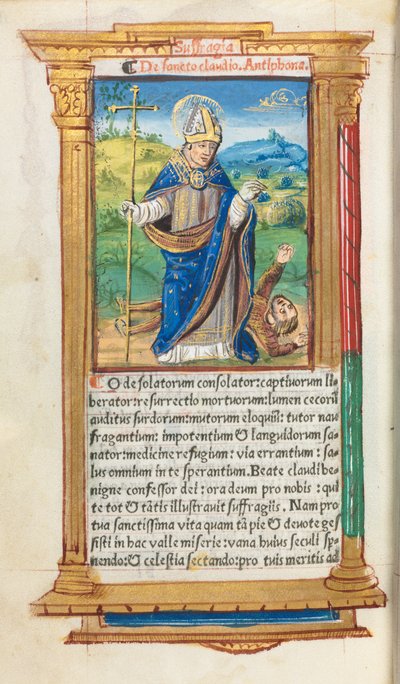 Nyomtatott Órakönyv (római használatban): fol. 105v, Szent Károly mint püspök. alkotó: Guillaume Le Rouge