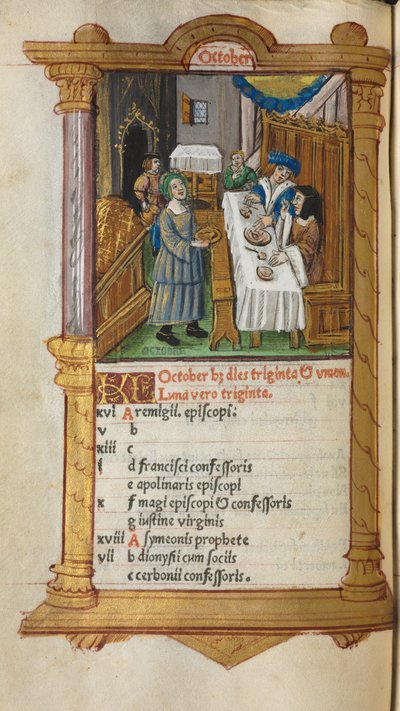 Nyomtatott Órakönyv (római használat): fol. 11v, októberi naptárlap alkotó: Guillaume Le Rouge
