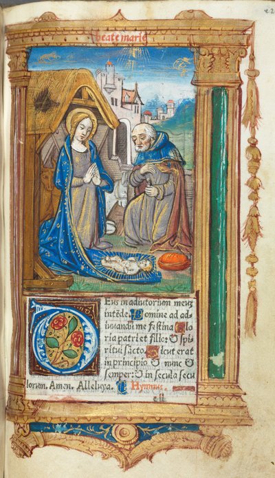 Nyomtatott Órakönyv (római használat): fol. 34r, A születésnap alkotó: Guillaume Le Rouge