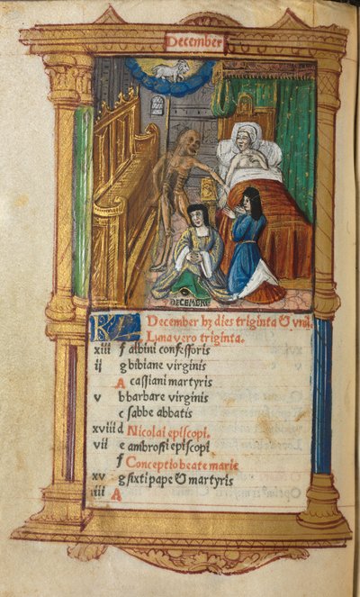 Nyomtatott órakönyv Róma használata: fol. 13v, decemberi naptároldal, 1510. alkotó: Guillaume Le Rouge