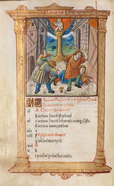 Nyomtatott órakönyv Róma használata: fol. 2v, januári naptári illusztráció, 1510. alkotó: Guillaume Le Rouge