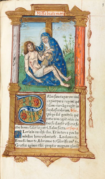 Nyomtatott órakönyv Róma használata: fol. 53r, Pieta, 1510. alkotó: Guillaume Le Rouge