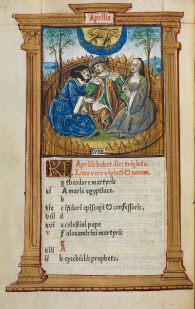 Nyomtatott órakönyv Róma használata: fol. 5v, áprilisi naptári illusztráció, 1510. alkotó: Guillaume Le Rouge