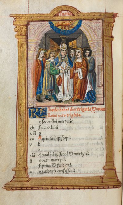 Nyomtatott órakönyv Róma használata: fol. 7v, júniusi naptári illusztráció, 1510. alkotó: Guillaume Le Rouge
