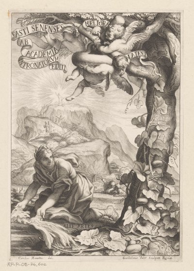 Egy elismert nő allegorikus ábrázolása, aki egy kalábafát öntöz; a háttérben alakok hegyre emelkednek Címlap: Giovanni Baptista Ferrari, Fasti Senenses, Ab Academia Intronatorum Editi, 1661 alkotó: Guillaume Vallet