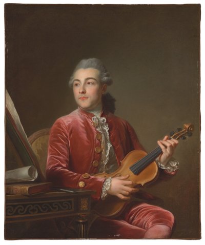 Egy úriember portréja, félalakos, vörös bársonykabátban, hegedűvel (olaj, vászon) alkotó: Guillaume Voiriot