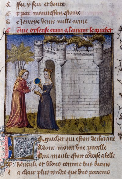 Galáns jelenet két szerelmes között: a lány behívja szerelmét. Miniatűr Guillaume de Lorris „Le Romanesque de la Rose” című filmjéből alkotó: Guillaume de Lorris