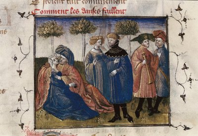 Az udvaroncok gáláns jelenete, miniatűr Guillaume Lorris "Roman de la Rose" című művében alkotó: Guillaume de Lorris