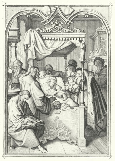 János, Szász választófejedelem meglátogatja Luther Mártont a kórházban (metszet) alkotó: Gustav Ferdinand Leopold Konig