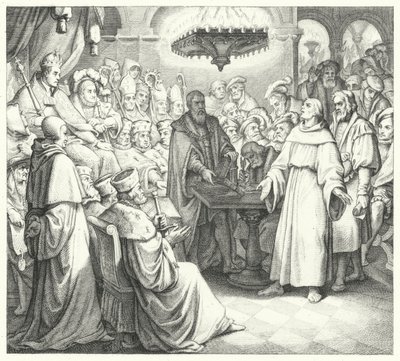 Luther Márton megjelenik V. Károly császár előtt a wormsi diétán (metszet) alkotó: Gustav Ferdinand Leopold Konig