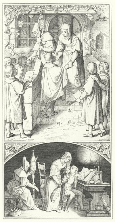 Luther Márton fiatal diákként énekel Eisenach városában (metszet) alkotó: Gustav Ferdinand Leopold Konig