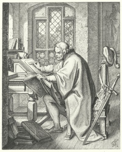 Luther Márton megkezdi a Biblia fordítását Wartburg várában (metszet) alkotó: Gustav Ferdinand Leopold Konig